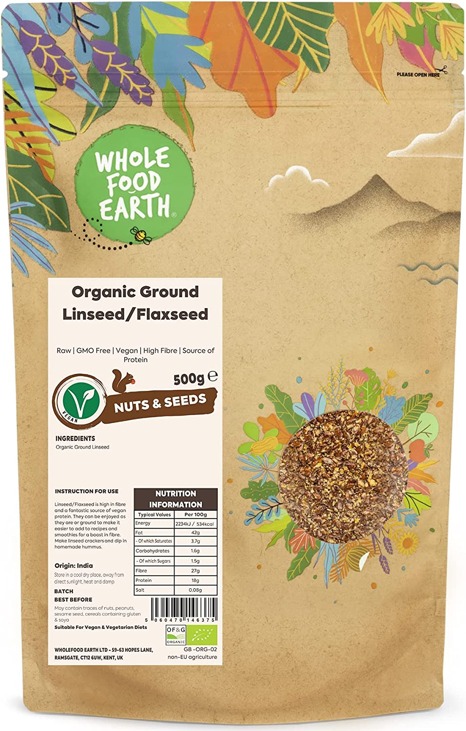 Wholefood Earth Organic Ground Linseed/Flaxseed 500g RRP £6.76 CLEARANCE XL £2.99